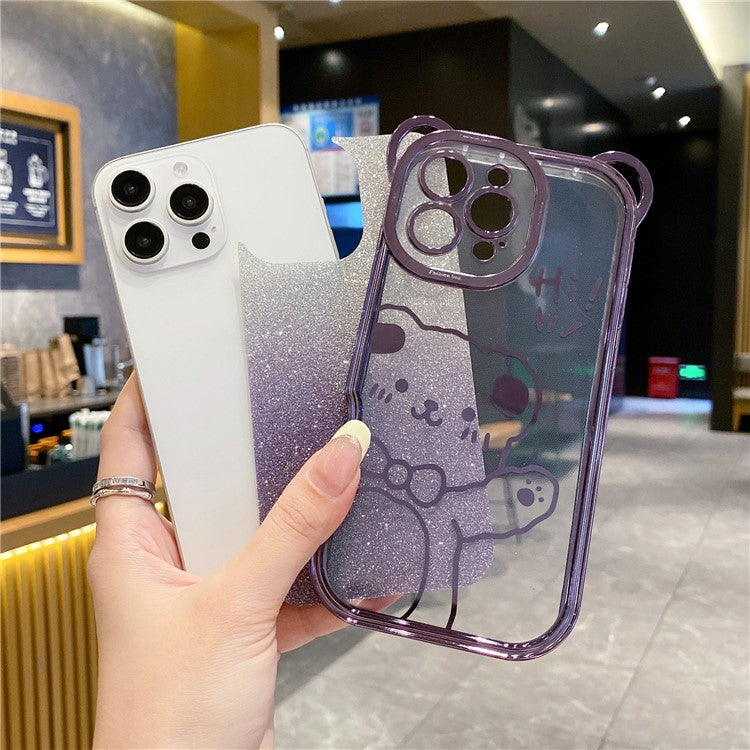 For iPhone 16 Pro Case Cute Bear Electroplating TPU Phone Cover with Gradient Glitter Paper - Blue