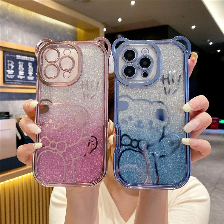 For iPhone 16 Pro Case Cute Bear Electroplating TPU Phone Cover with Gradient Glitter Paper - Blue