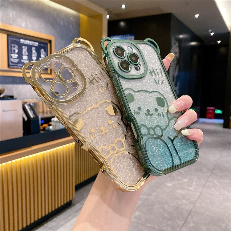 For iPhone 16 Pro Case Cute Bear Electroplating TPU Phone Cover with Gradient Glitter Paper - Blue