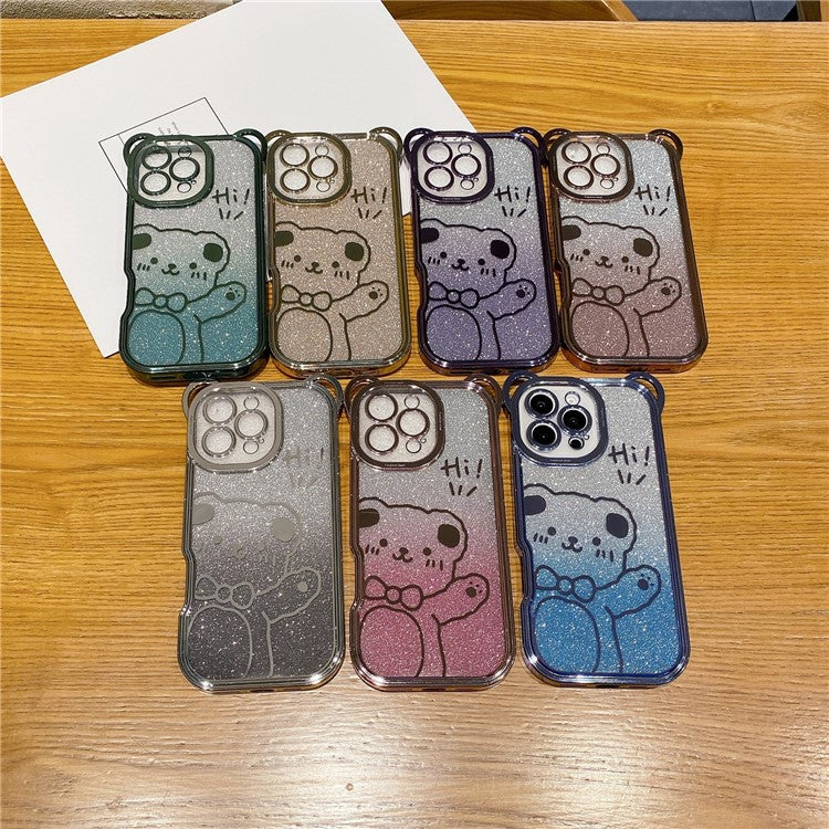 For iPhone 16 Pro Case Cute Bear Electroplating TPU Phone Cover with Gradient Glitter Paper - Blue