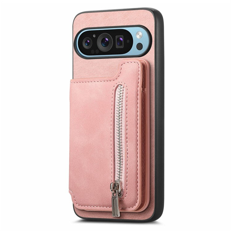 For Google Pixel 9 Pro XL Case Magnetic Detachable Zipper Card Holder Leather+TPU Phone Cover - Pink