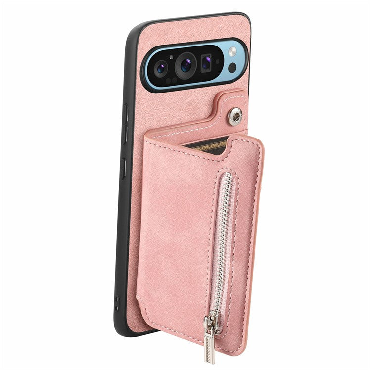 For Google Pixel 9 Pro XL Case Magnetic Detachable Zipper Card Holder Leather+TPU Phone Cover - Pink