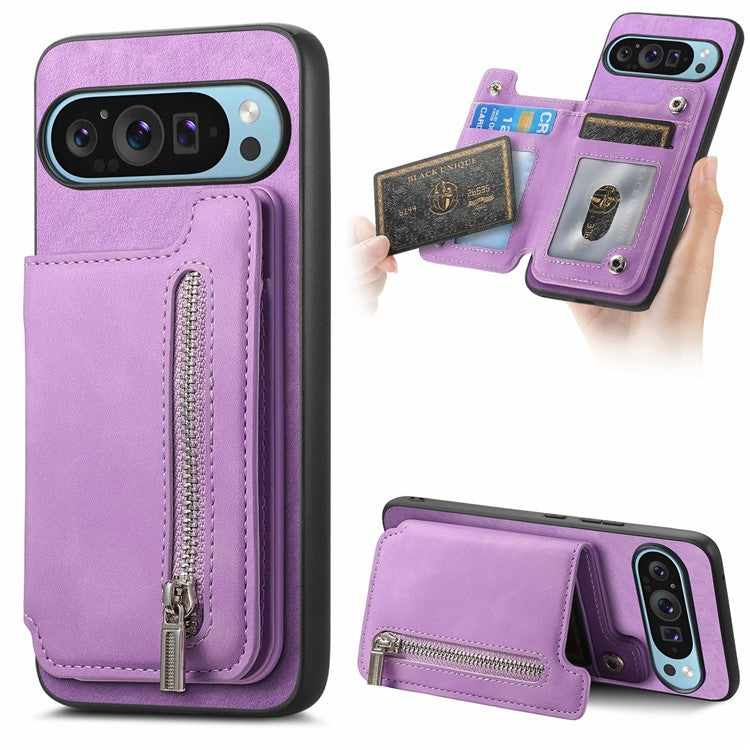 For Google Pixel 9 Pro XL Case Magnetic Detachable Zipper Card Holder Leather+TPU Phone Cover - Purple