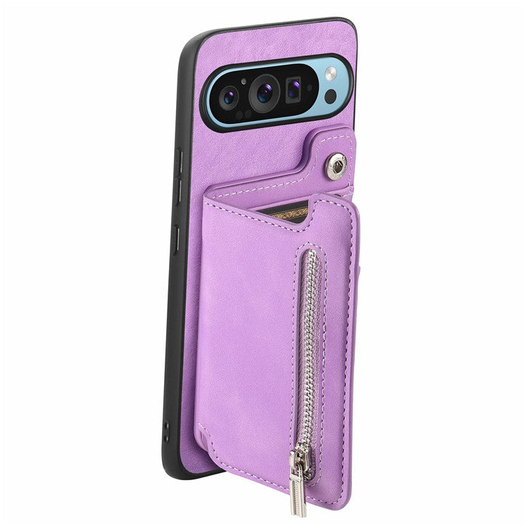 For Google Pixel 9 Pro XL Case Magnetic Detachable Zipper Card Holder Leather+TPU Phone Cover - Purple
