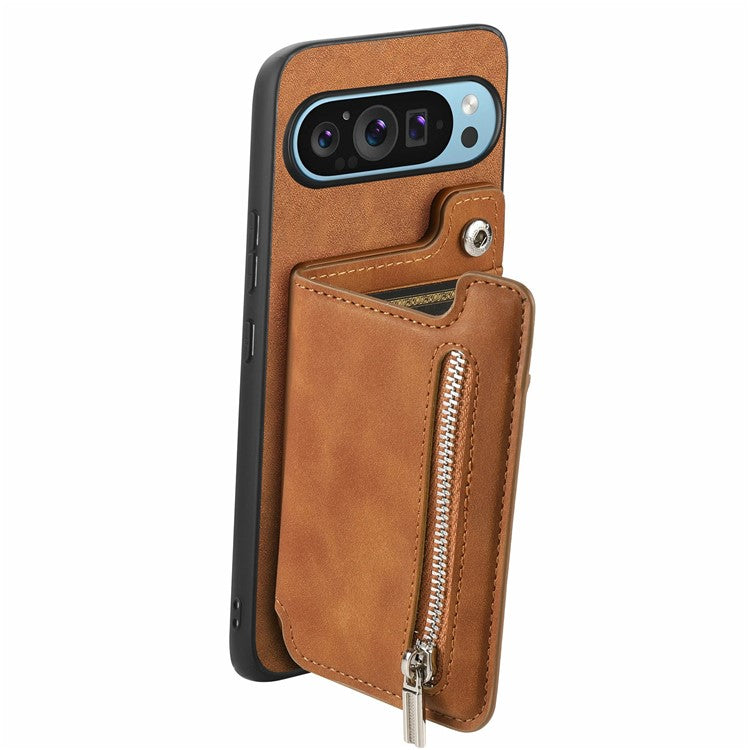 For Google Pixel 9 Pro XL Case Magnetic Detachable Zipper Card Holder Leather+TPU Phone Cover - Brown