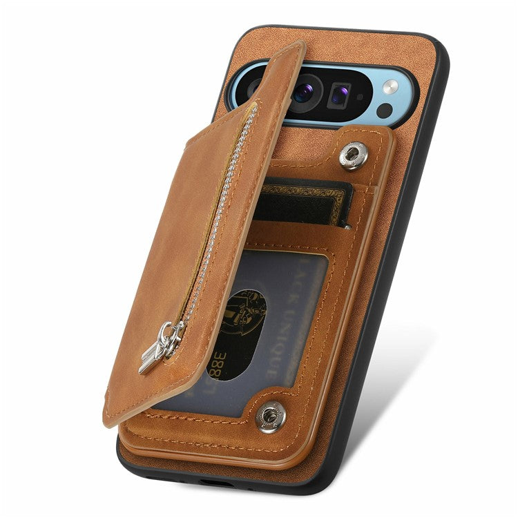 For Google Pixel 9 Pro XL Case Magnetic Detachable Zipper Card Holder Leather+TPU Phone Cover - Brown