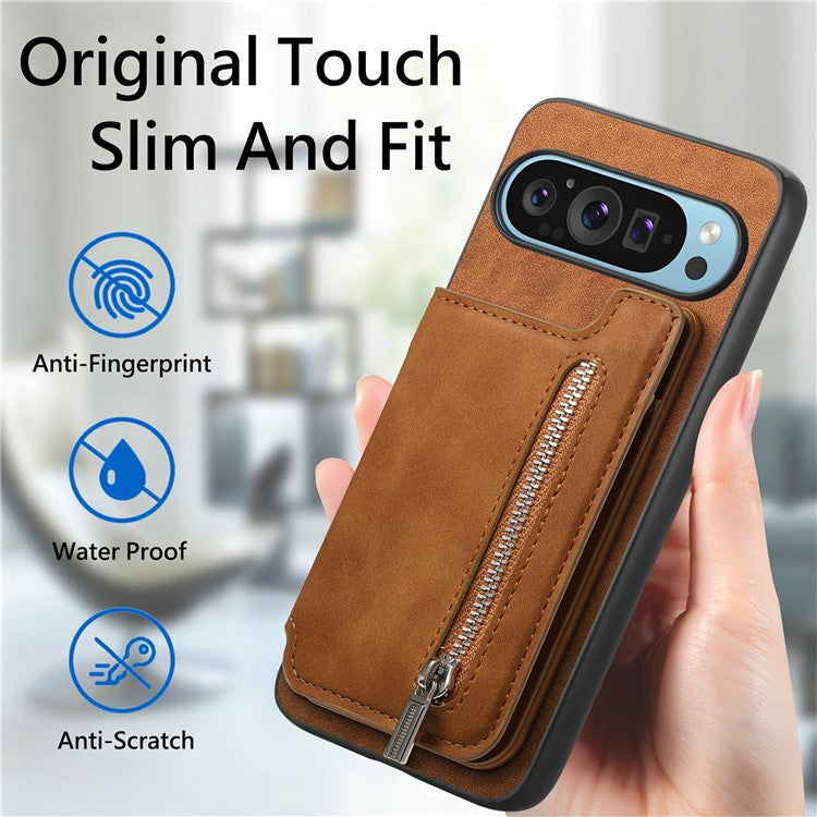 For Google Pixel 9 Pro XL Case Magnetic Detachable Zipper Card Holder Leather+TPU Phone Cover - Brown