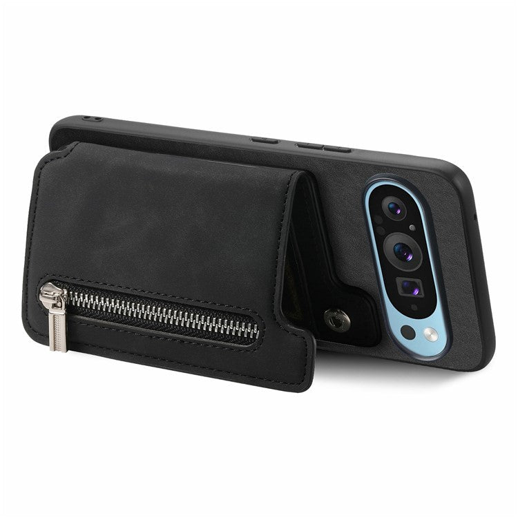 For Google Pixel 9 Pro XL Case Magnetic Detachable Zipper Card Holder Leather+TPU Phone Cover - Black