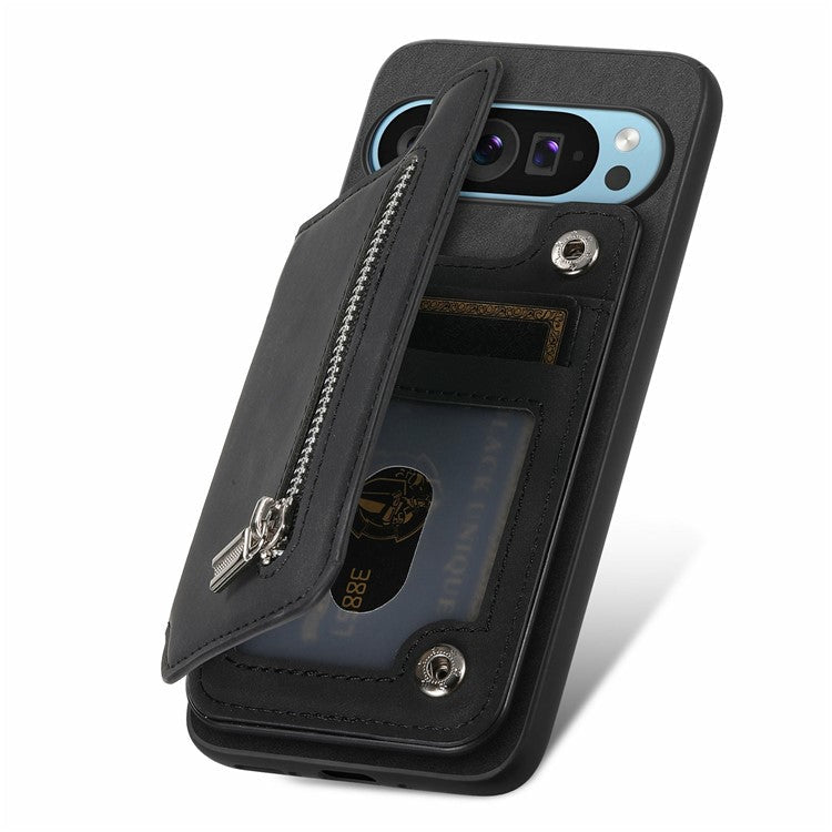 For Google Pixel 9 Pro XL Case Magnetic Detachable Zipper Card Holder Leather+TPU Phone Cover - Black