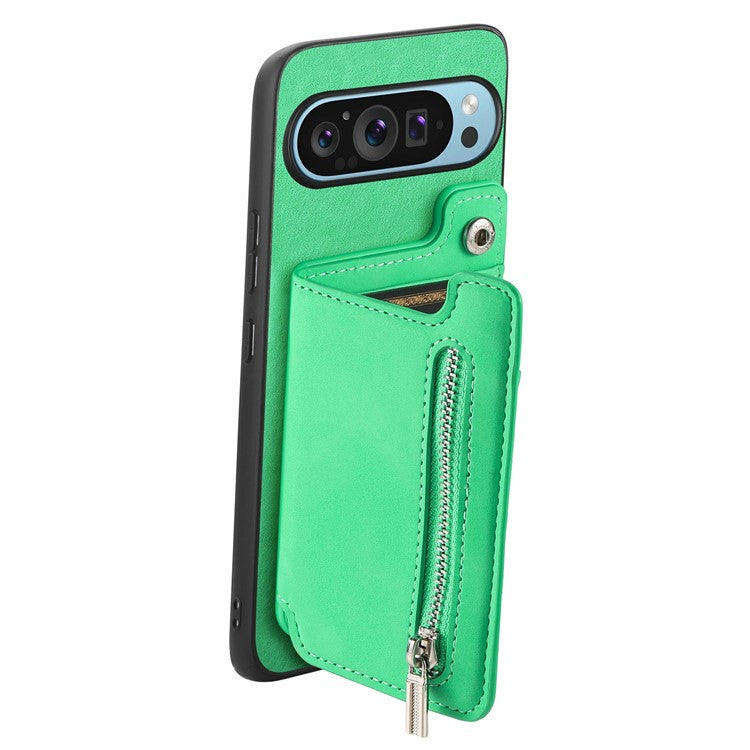 For Google Pixel 9 Pro XL Case Magnetic Detachable Zipper Card Holder Leather+TPU Phone Cover - Green