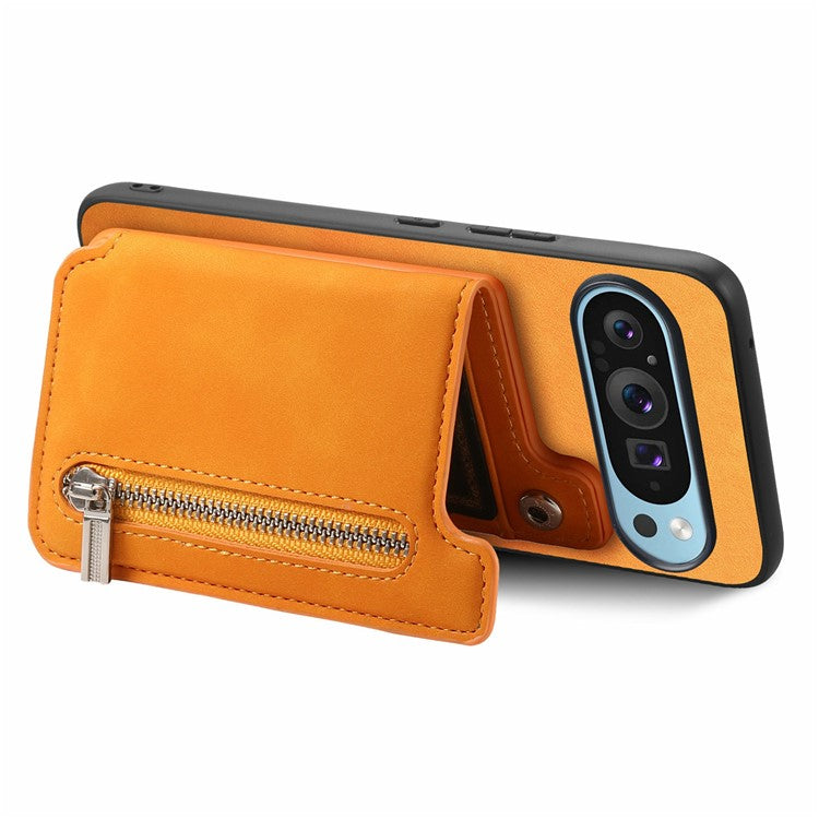 For Google Pixel 9 Pro XL Case Magnetic Detachable Zipper Card Holder Leather+TPU Phone Cover - Yellow