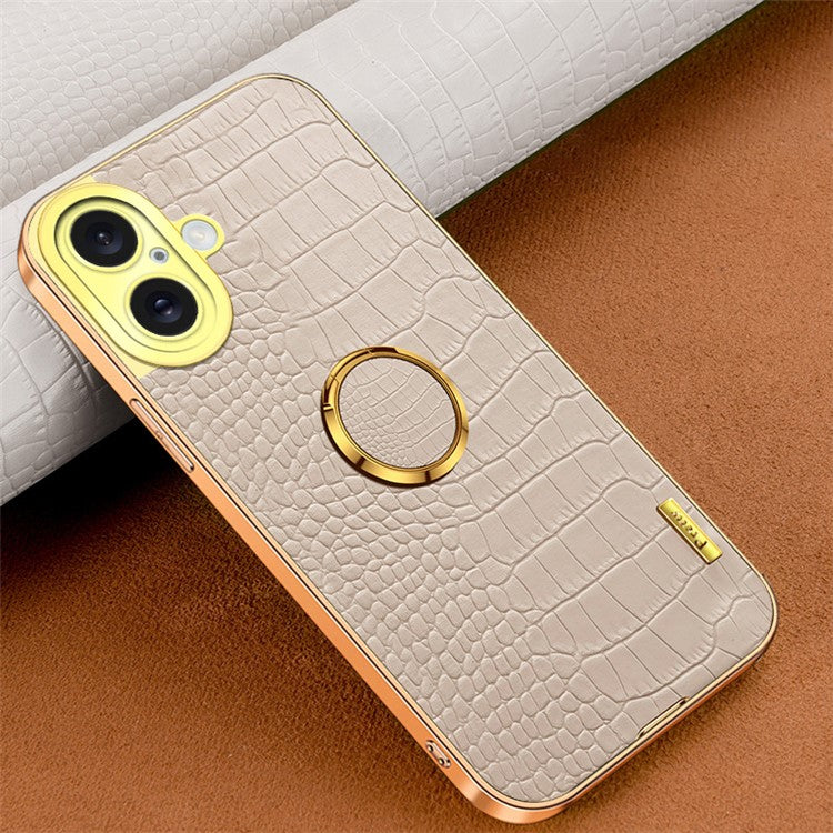 For iPhone 16 Plus Case Crocodile Texture Ring Kickstand TPU+Leather Electroplating Phone Cover - White