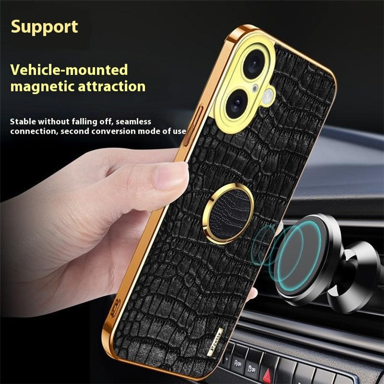For iPhone 16 Plus Case Crocodile Texture Ring Kickstand TPU+Leather Electroplating Phone Cover - White