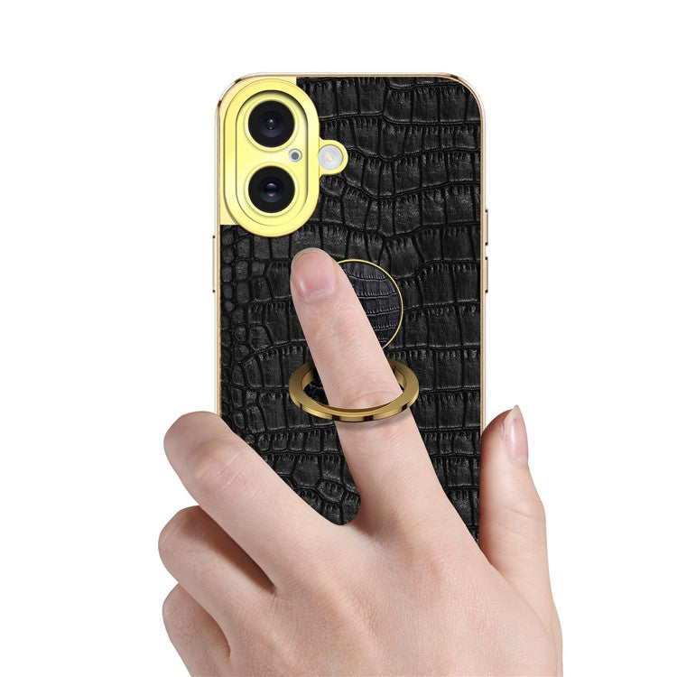 For iPhone 16 Plus Case Crocodile Texture Ring Kickstand TPU+Leather Electroplating Phone Cover - White