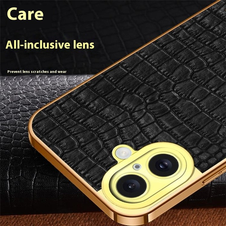 For iPhone 16 Plus Case Crocodile Texture Ring Kickstand TPU+Leather Electroplating Phone Cover - White