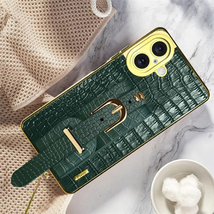 For iPhone 16 Plus Case Wristband Kickstand Crocodile Texture Leather+TPU Electroplating Phone Cover - Green