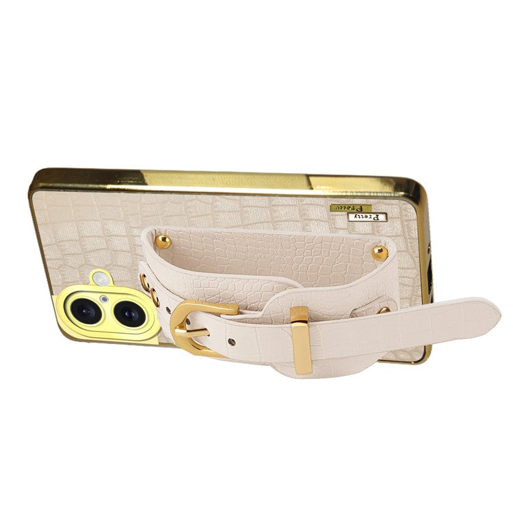 For iPhone 16 Plus Case Wristband Kickstand Crocodile Texture Leather+TPU Electroplating Phone Cover - Green