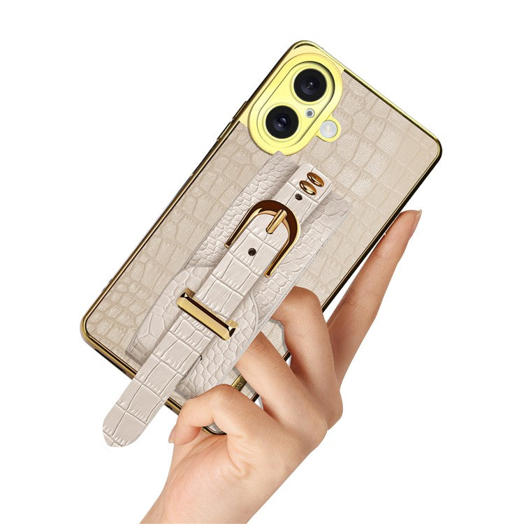 For iPhone 16 Plus Case Wristband Kickstand Crocodile Texture Leather+TPU Electroplating Phone Cover - Green