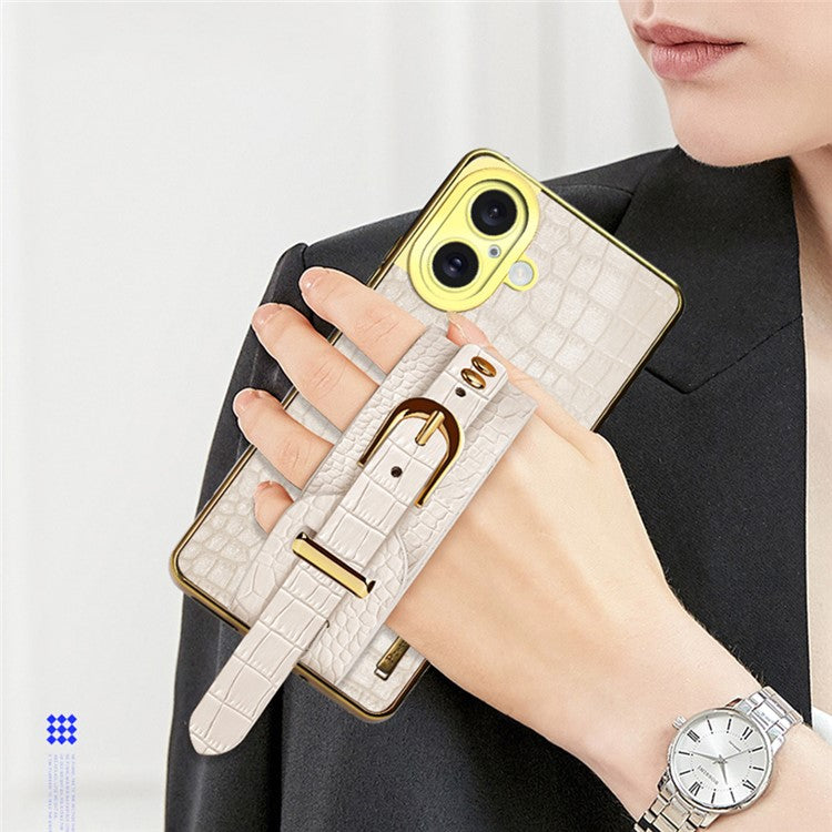 For iPhone 16 Plus Case Wristband Kickstand Crocodile Texture Leather+TPU Electroplating Phone Cover - Green