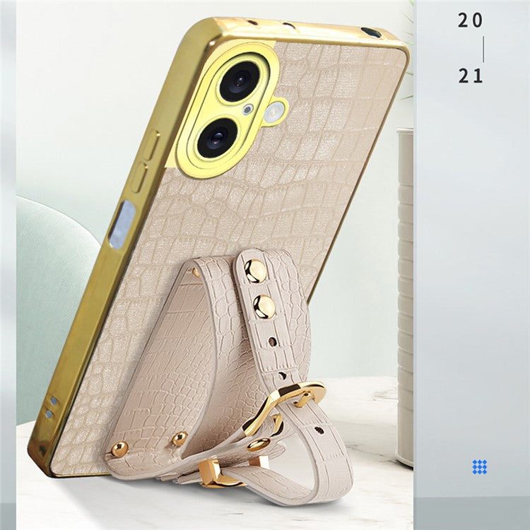 For iPhone 16 Plus Case Wristband Kickstand Crocodile Texture Leather+TPU Electroplating Phone Cover - Green