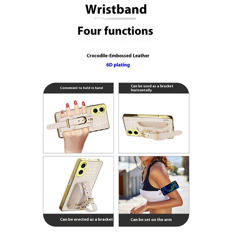 For iPhone 16 Plus Case Wristband Kickstand Crocodile Texture Leather+TPU Electroplating Phone Cover - Green