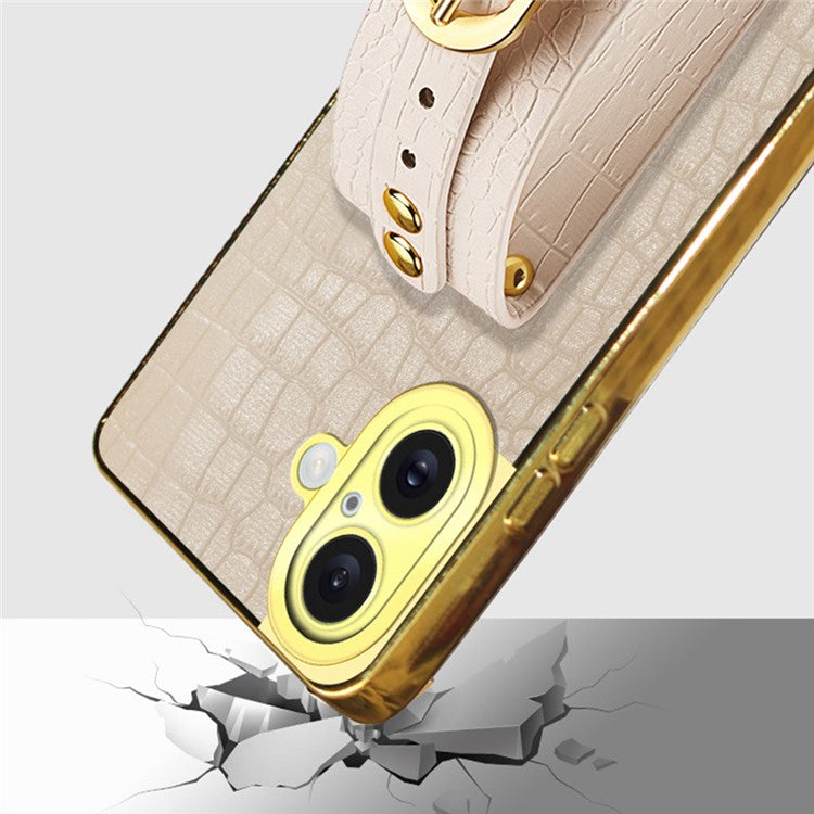For iPhone 16 Plus Case Wristband Kickstand Crocodile Texture Leather+TPU Electroplating Phone Cover - Green