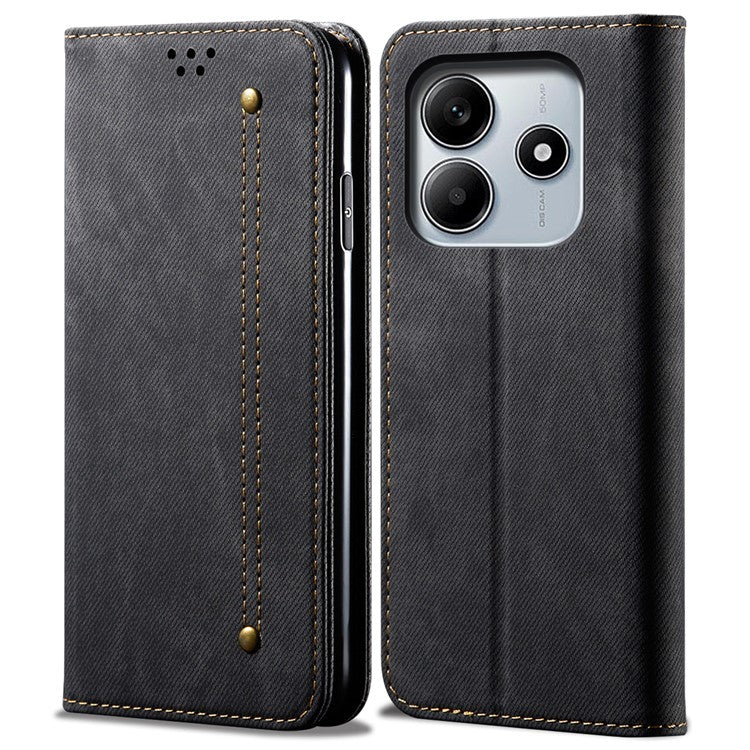 For Xiaomi Redmi Note 14 5G Case Jeans Cloth Texture Anti-Scratch Leather Stand Phone Cover - Black