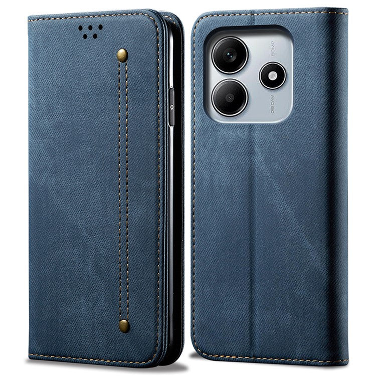 For Xiaomi Redmi Note 14 5G Case Jeans Cloth Texture Anti-Scratch Leather Stand Phone Cover - Blue