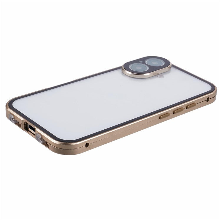 For iPhone 16 Case Magnetic Adsorption Double Sides Tempered Glass+Metal Phone Cover with Buckle - Gold