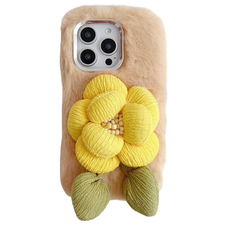 For iPhone 16 Pro Plush Phone Case 3D Flower Decor Fluffy TPU Back Cover - Beige