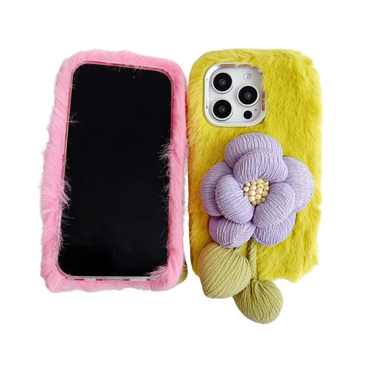 For iPhone 16 Pro Plush Phone Case 3D Flower Decor Fluffy TPU Back Cover - Beige