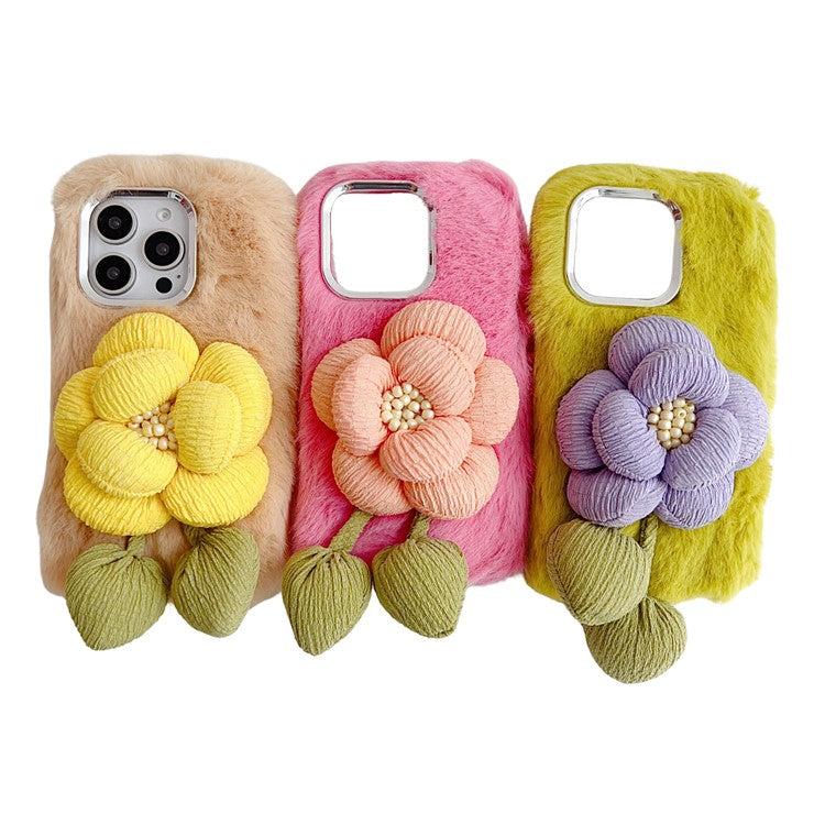For iPhone 16 Pro Plush Phone Case 3D Flower Decor Fluffy TPU Back Cover - Beige