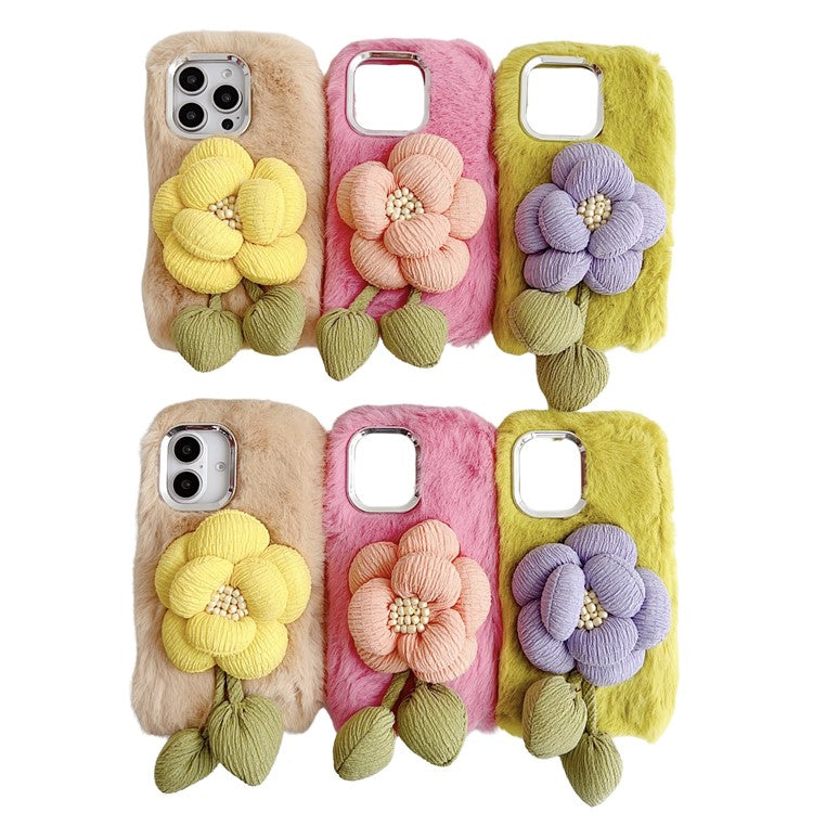For iPhone 16 Pro Plush Phone Case 3D Flower Decor Fluffy TPU Back Cover - Beige
