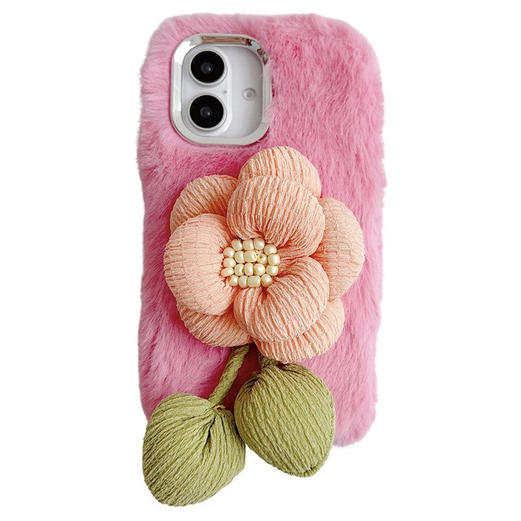 For iPhone 16 Plush Phone Case 3D Flower Decor Fluffy TPU Back Cover - Pink