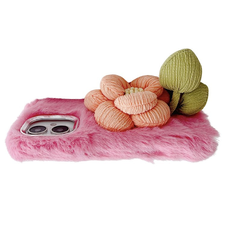 For iPhone 16 Plush Phone Case 3D Flower Decor Fluffy TPU Back Cover - Pink