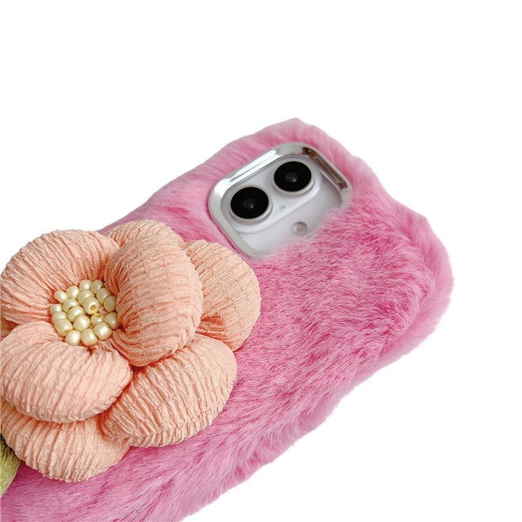 For iPhone 16 Plush Phone Case 3D Flower Decor Fluffy TPU Back Cover - Pink