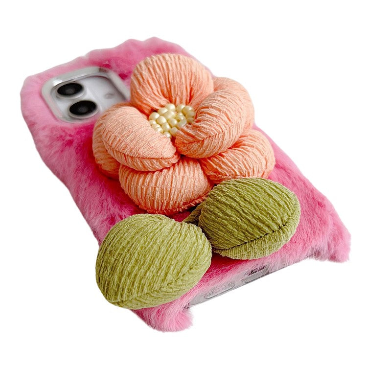 For iPhone 16 Plush Phone Case 3D Flower Decor Fluffy TPU Back Cover - Green