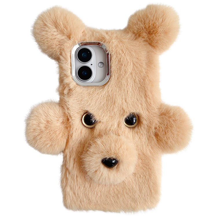 For iPhone 16 Case 3D Bear Faux Fur Fluffy Inner TPU Phone Cover - Beige