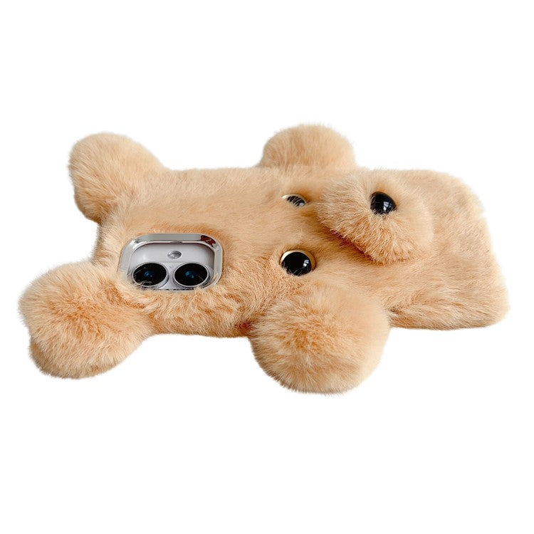 For iPhone 16 Case 3D Bear Faux Fur Fluffy Inner TPU Phone Cover - Beige