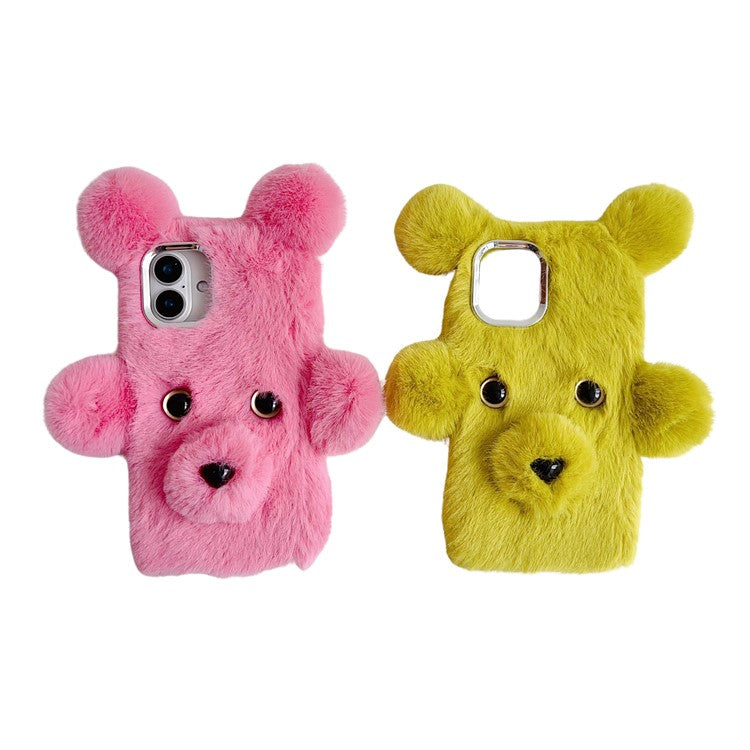 For iPhone 16 Case 3D Bear Faux Fur Fluffy Inner TPU Phone Cover - Beige