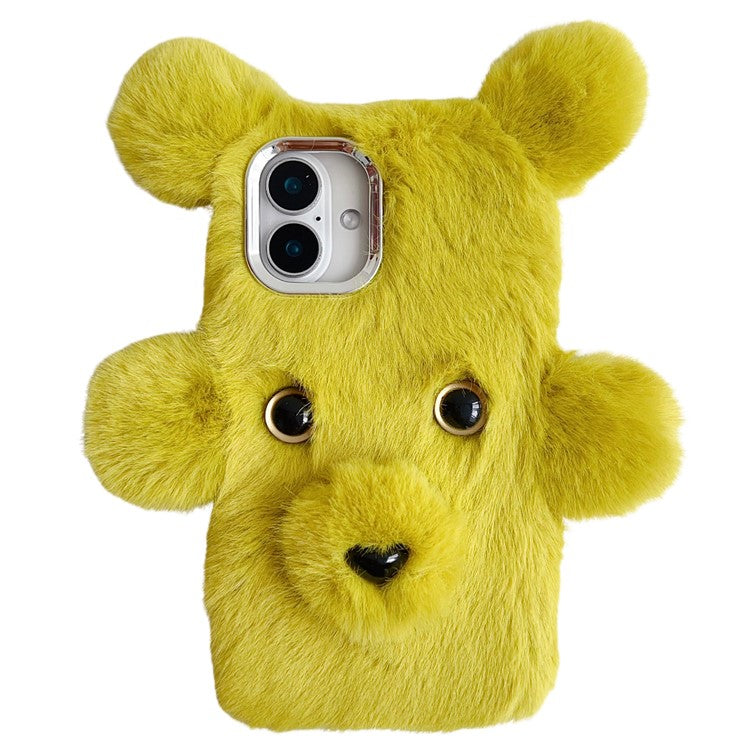 For iPhone 16 Case 3D Bear Faux Fur Fluffy Inner TPU Phone Cover - Green