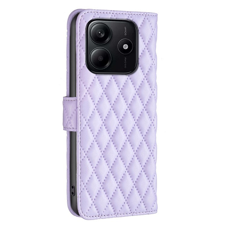 BINFEN COLOR BF Style-14 For Xiaomi Redmi Note 14 5G Case Rhombus Phone Leather Cover Stand - Purple