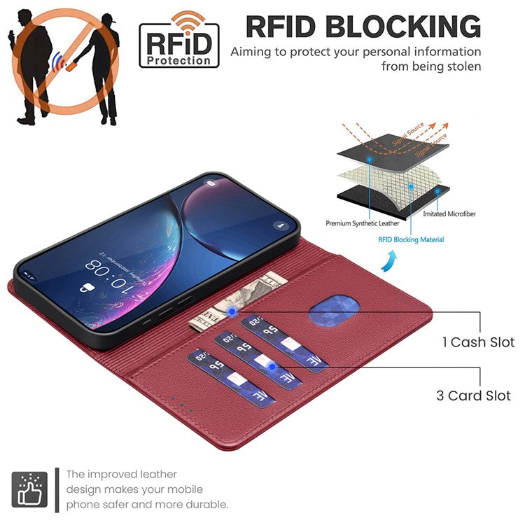 BINFEN COLOR BF32 For Xiaomi Redmi Note 14 5G Leather Case Wallet RFID Blocking Phone Cover - Red