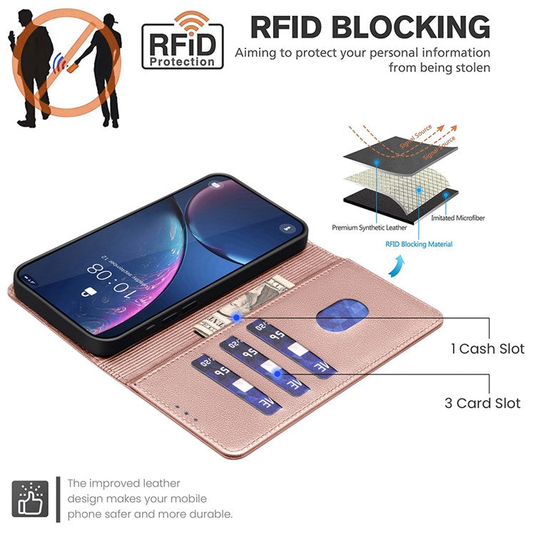 BINFEN COLOR BF32 For Xiaomi Redmi Note 14 5G Leather Case Wallet RFID Blocking Phone Cover - Rose Gold