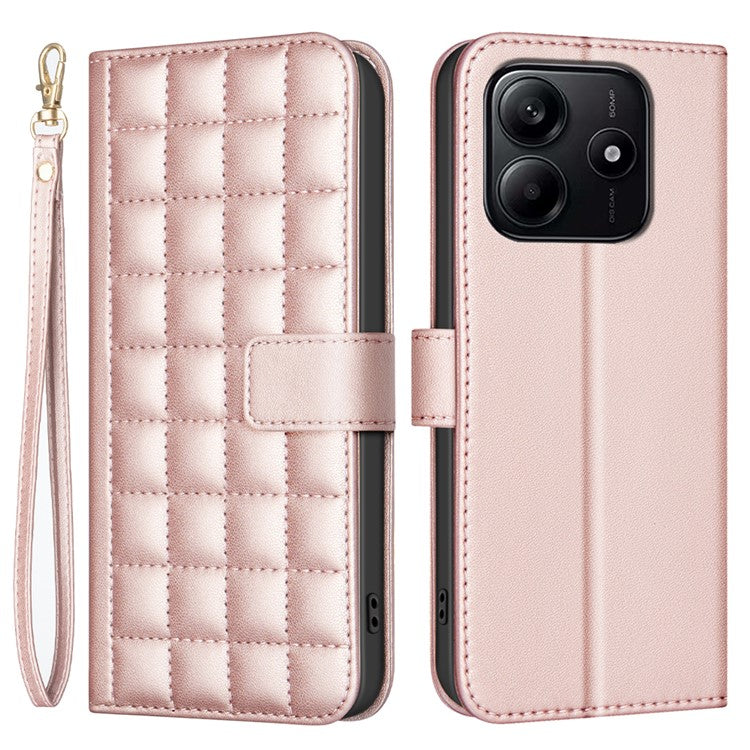 BINFEN COLOR BF34 for Xiaomi Redmi Note 14 5G Leather Case Wallet Square Grid Phone Cover - Rose Gold