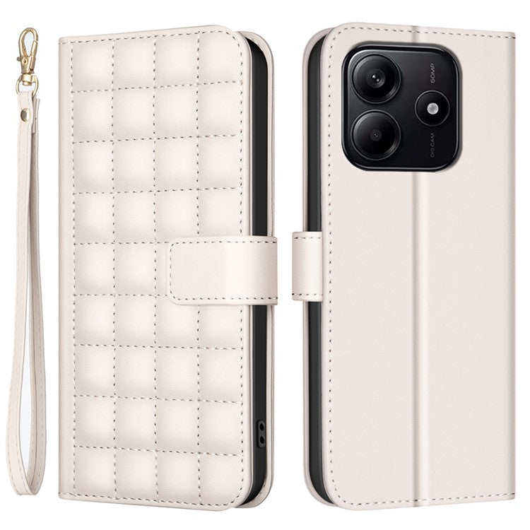 BINFEN COLOR BF34 for Xiaomi Redmi Note 14 5G Leather Case Wallet Square Grid Phone Cover - Beige