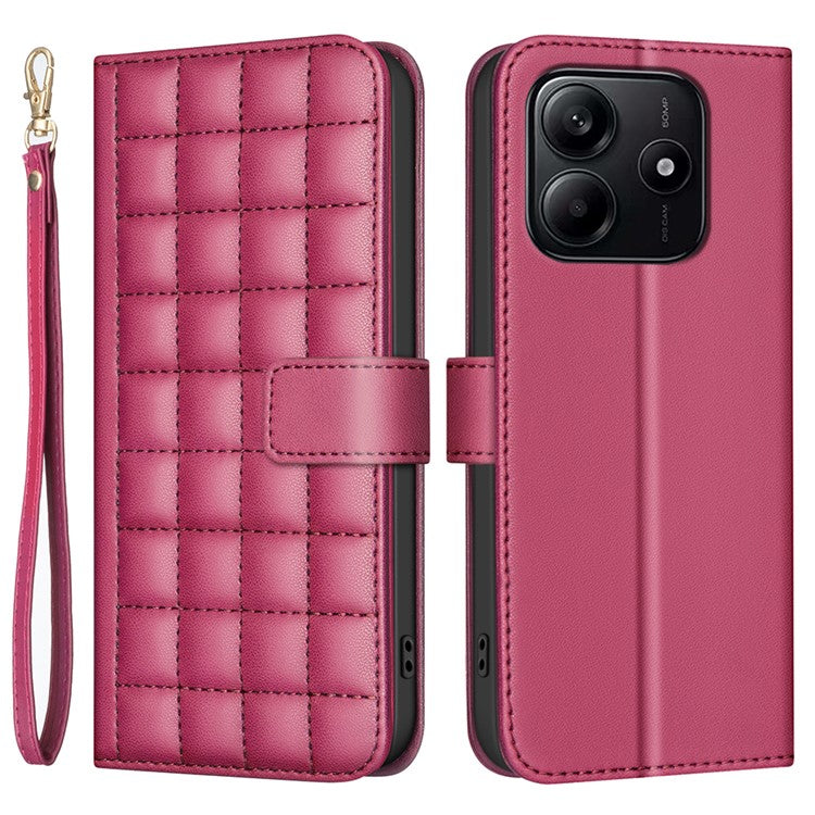 BINFEN COLOR BF34 for Xiaomi Redmi Note 14 5G Leather Case Wallet Square Grid Phone Cover - Red