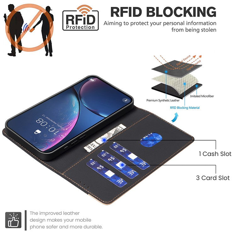BINFEN COLOR BF33 for Xiaomi Redmi Note 14 5G Leather Case Splicing Color RFID Blocking - Black