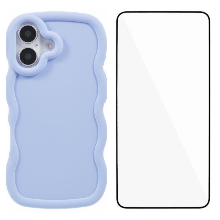 WANLONFENG XL Series for iPhone 16 Case Wave Edge TPU Cover with Tempered Glass Film - Light Purple