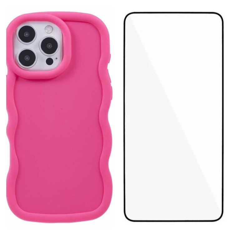 WANLONFENG XL Series for iPhone 16 Pro Case Wave Edge TPU Cover with Tempered Glass Film - Rose